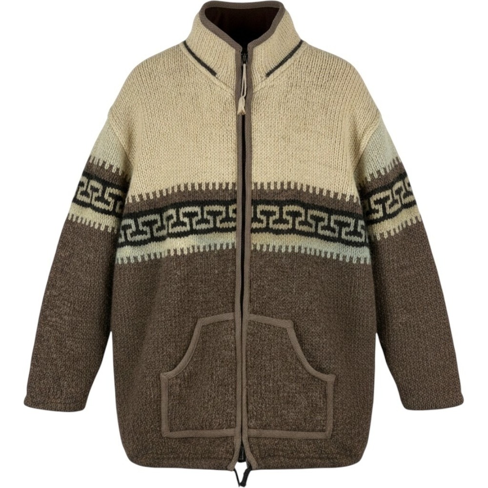 Gorpcore Brown Geometric Heavy Wool‎ Knit Zip Up Jacket Men XL